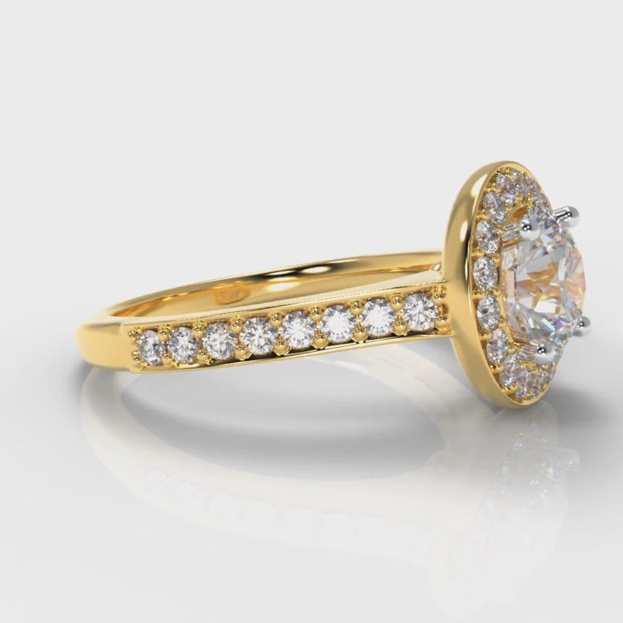 Pavé Round Brilliant Diamond Halo Engagement Ring - Yellow Gold