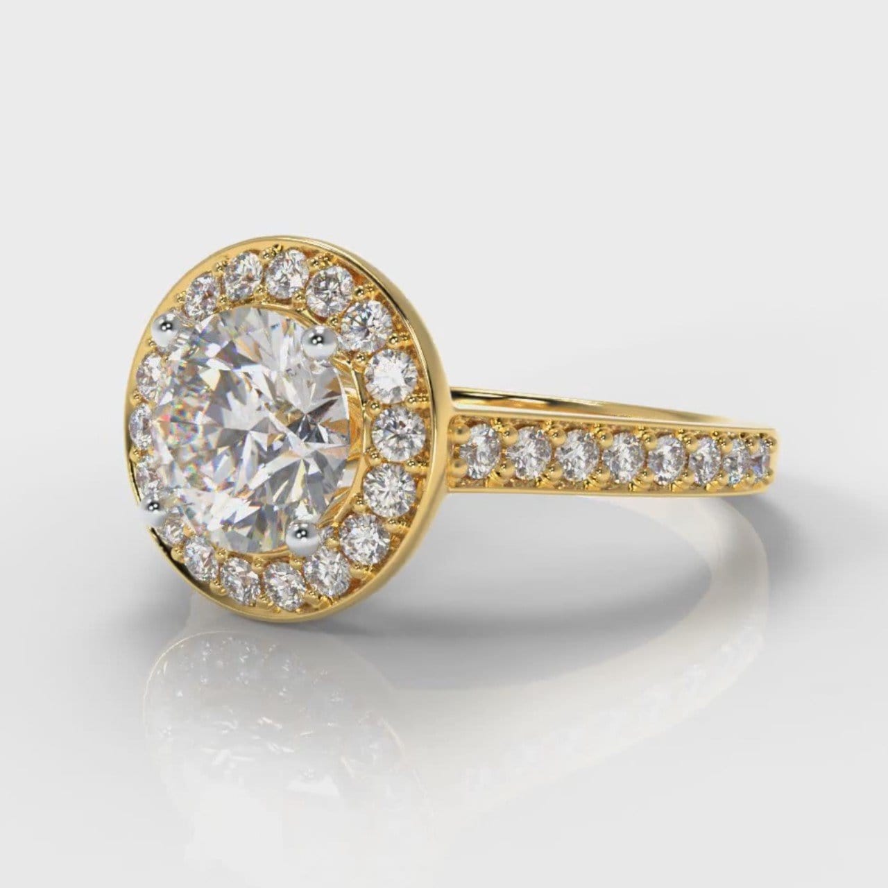 Pavé Round Brilliant Diamond Halo Engagement Ring - Yellow Gold
