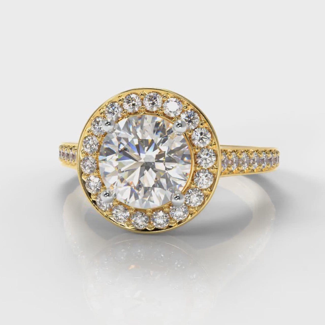 Pavé Round Brilliant Diamond Halo Engagement Ring - Yellow Gold