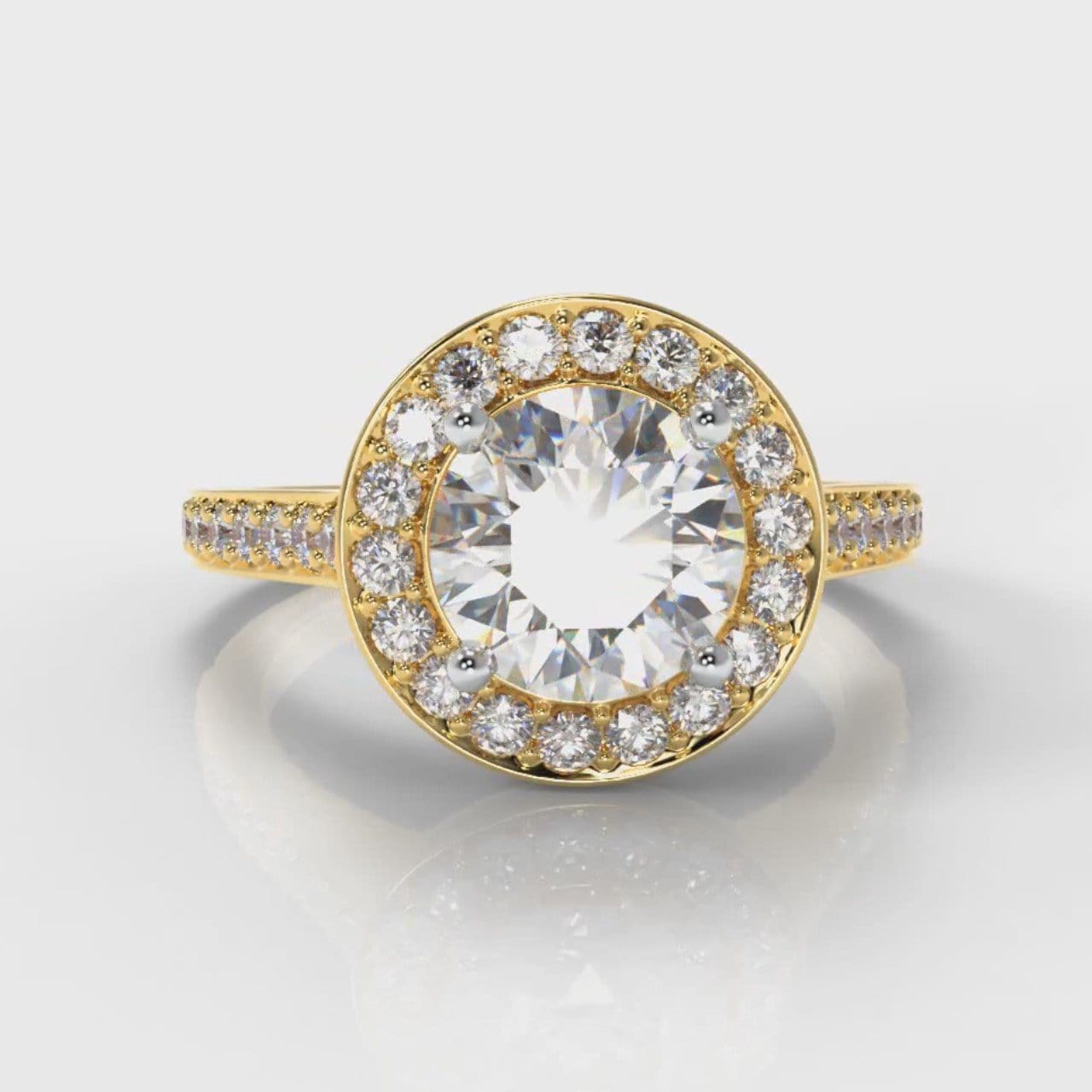 Pavé Round Brilliant Diamond Halo Engagement Ring - Yellow Gold