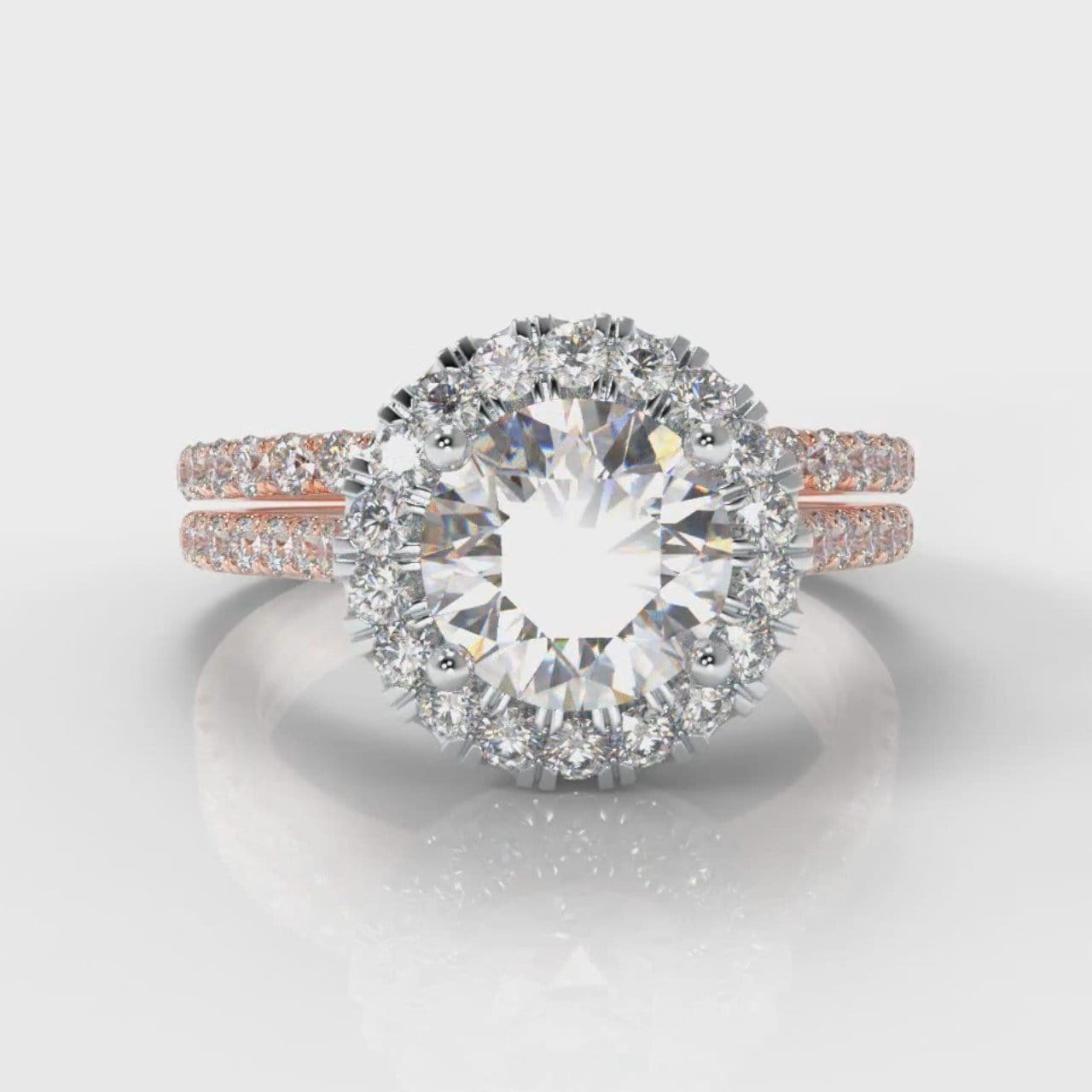 Petite Micropavé Round Brilliant Cut Diamond Halo Bridal Set - Two Tone Rose Gold