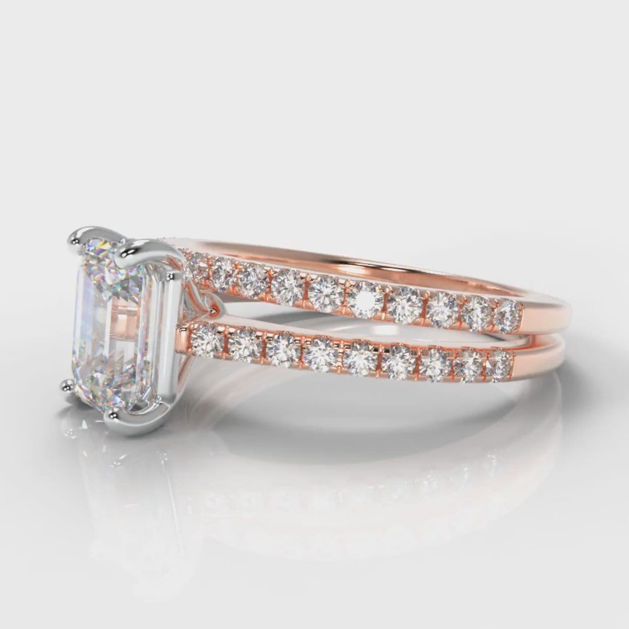 Petite Micropavé Emerald Cut Diamond Bridal Set - Rose Gold