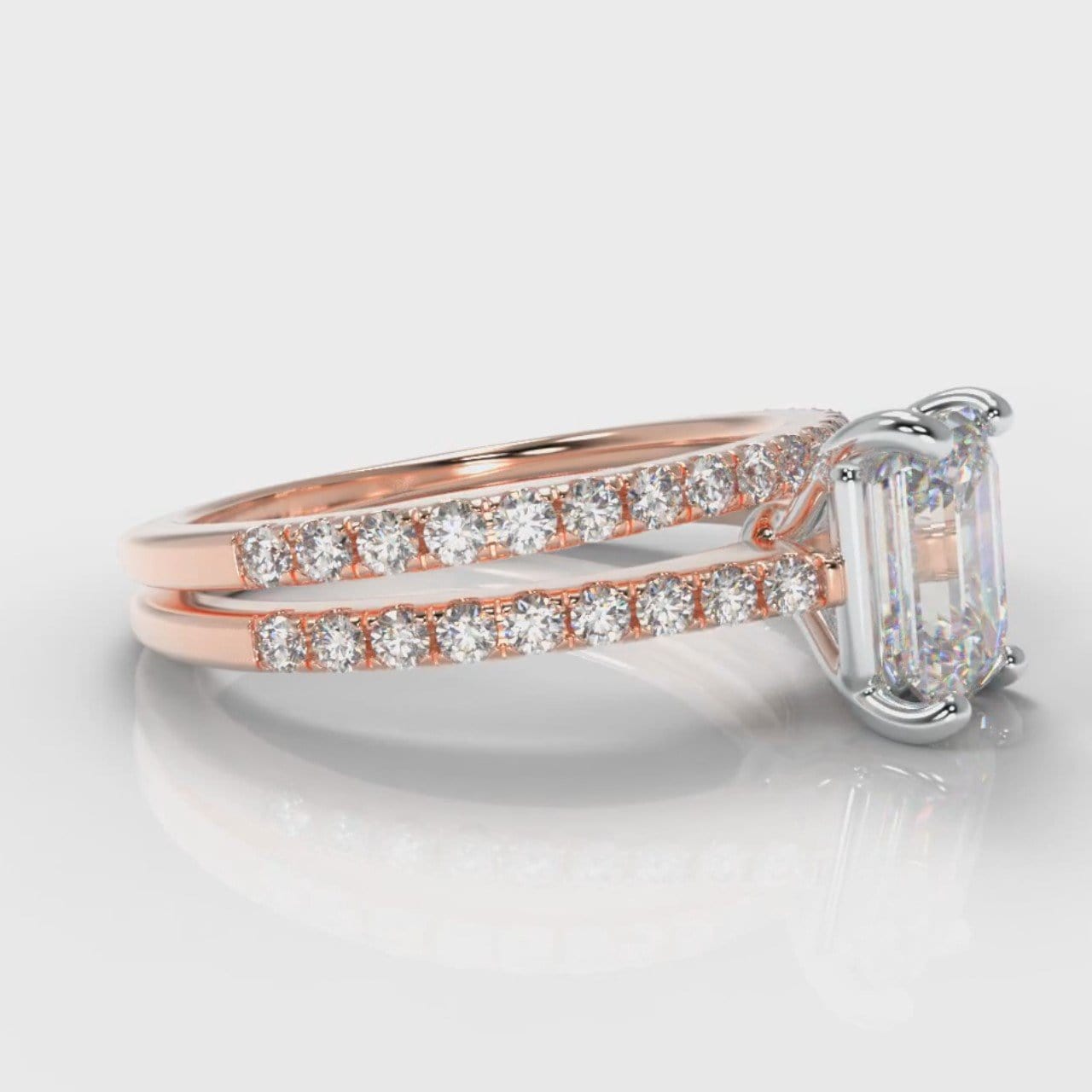 Petite Micropavé Emerald Cut Diamond Bridal Set - Rose Gold