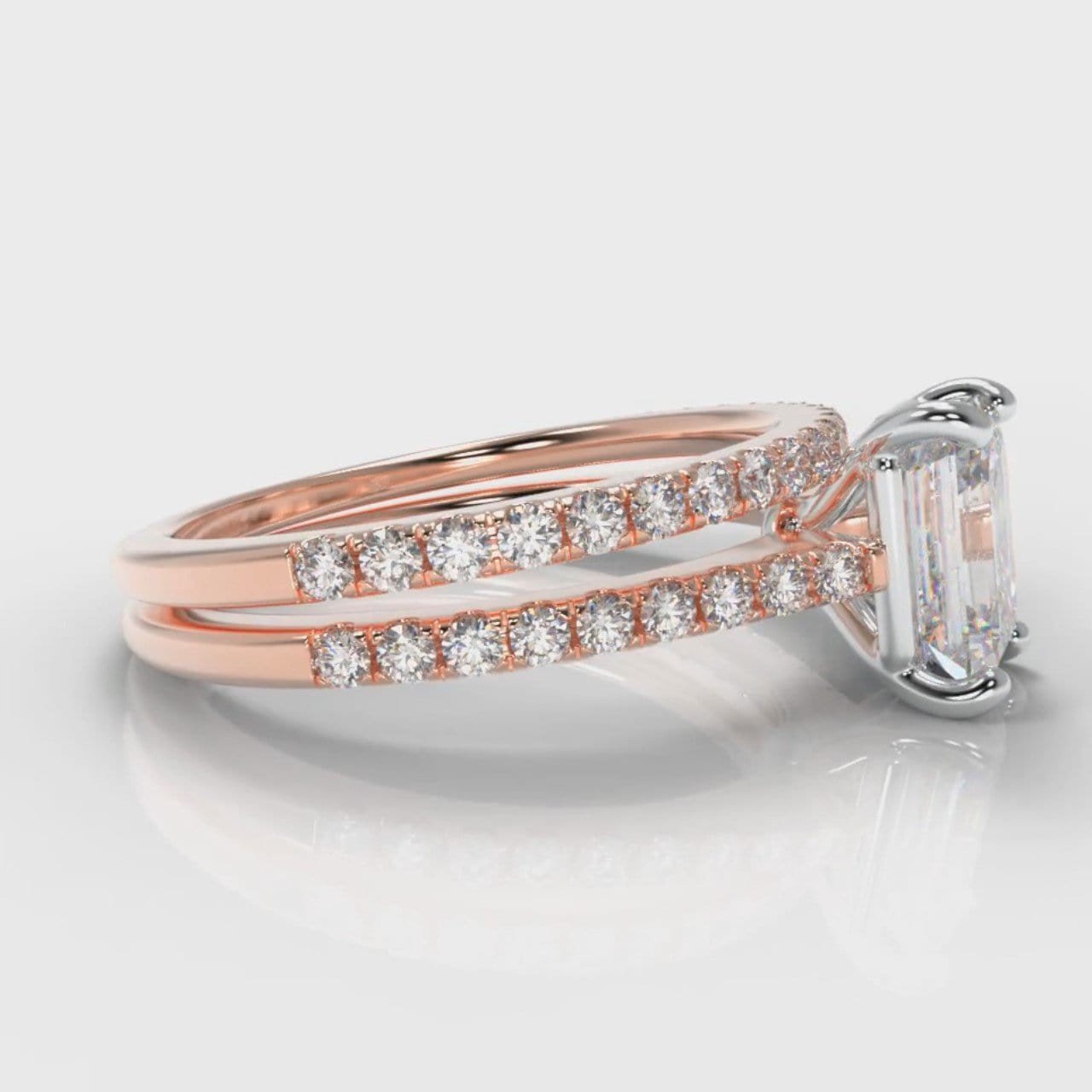 Petite Micropavé Emerald Cut Diamond Bridal Set - Rose Gold