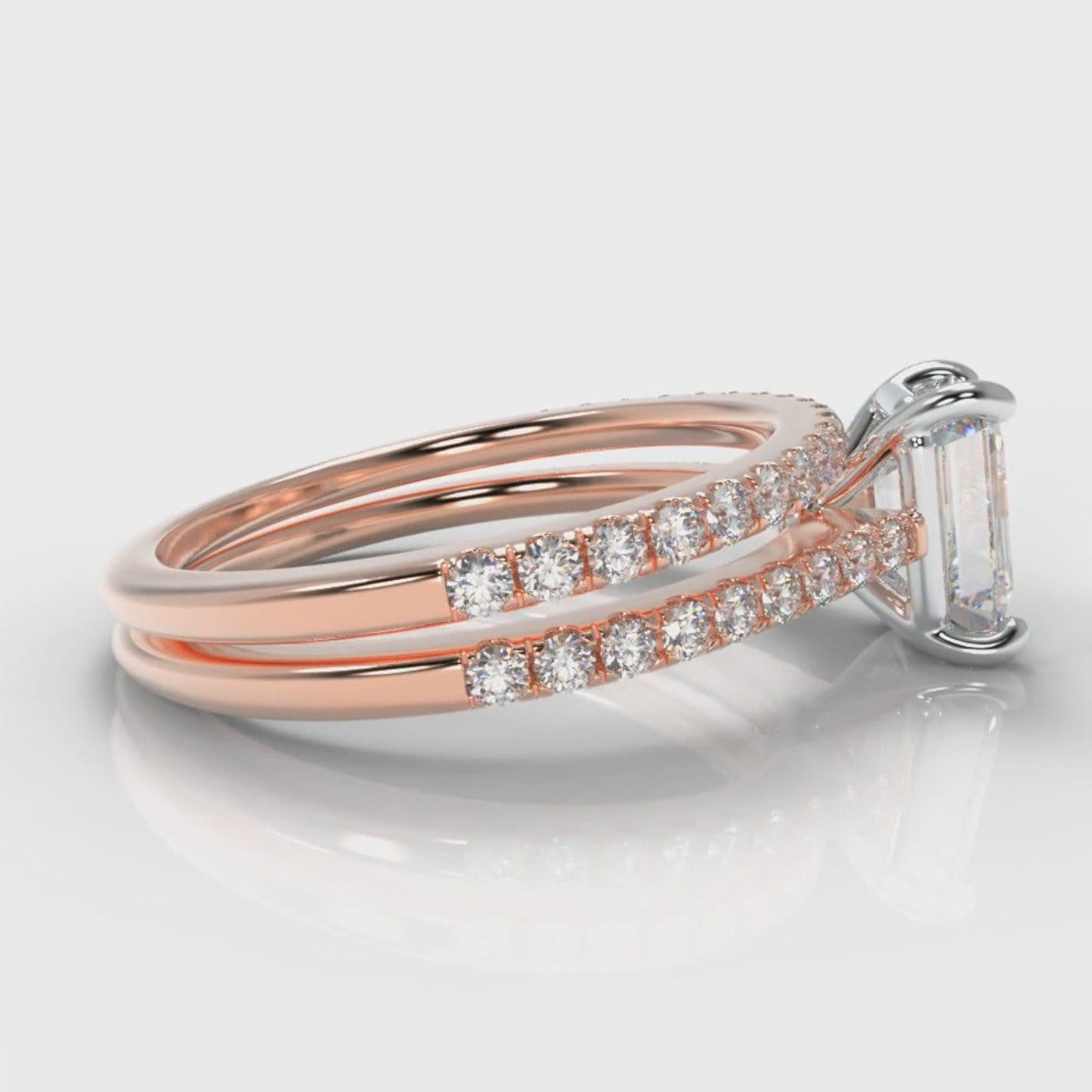 Petite Micropavé Emerald Cut Diamond Bridal Set - Rose Gold