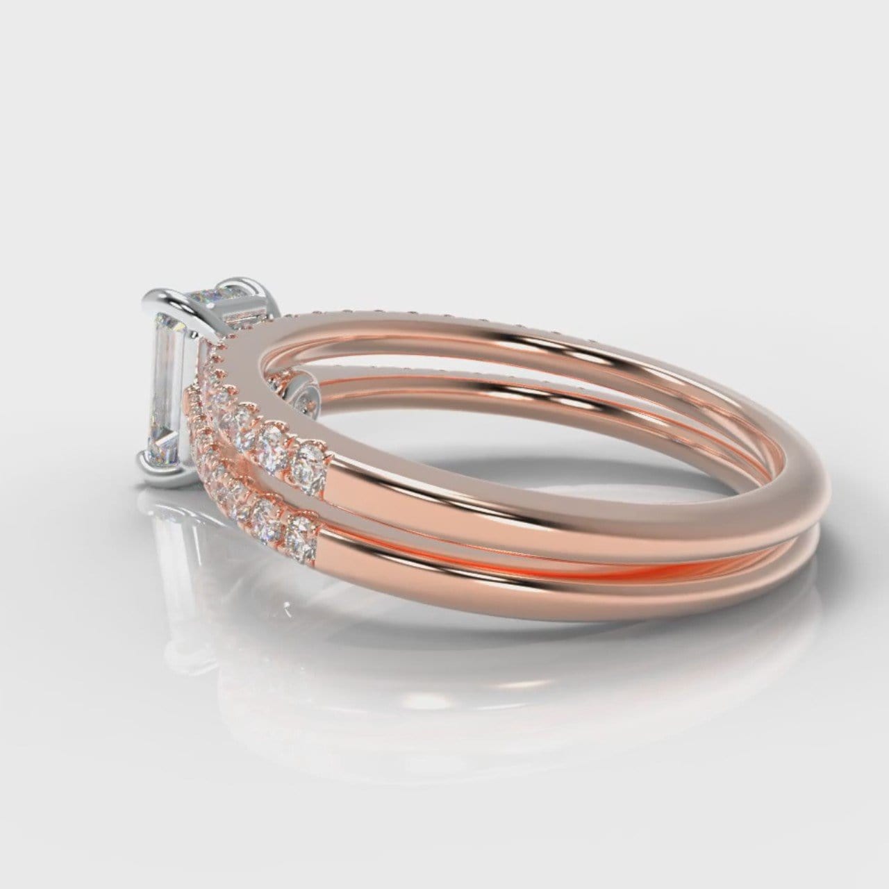 Petite Micropavé Emerald Cut Diamond Bridal Set - Rose Gold