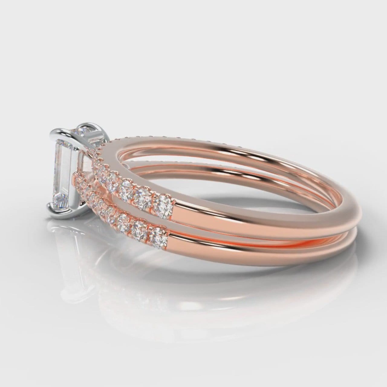 Petite Micropavé Emerald Cut Diamond Bridal Set - Rose Gold