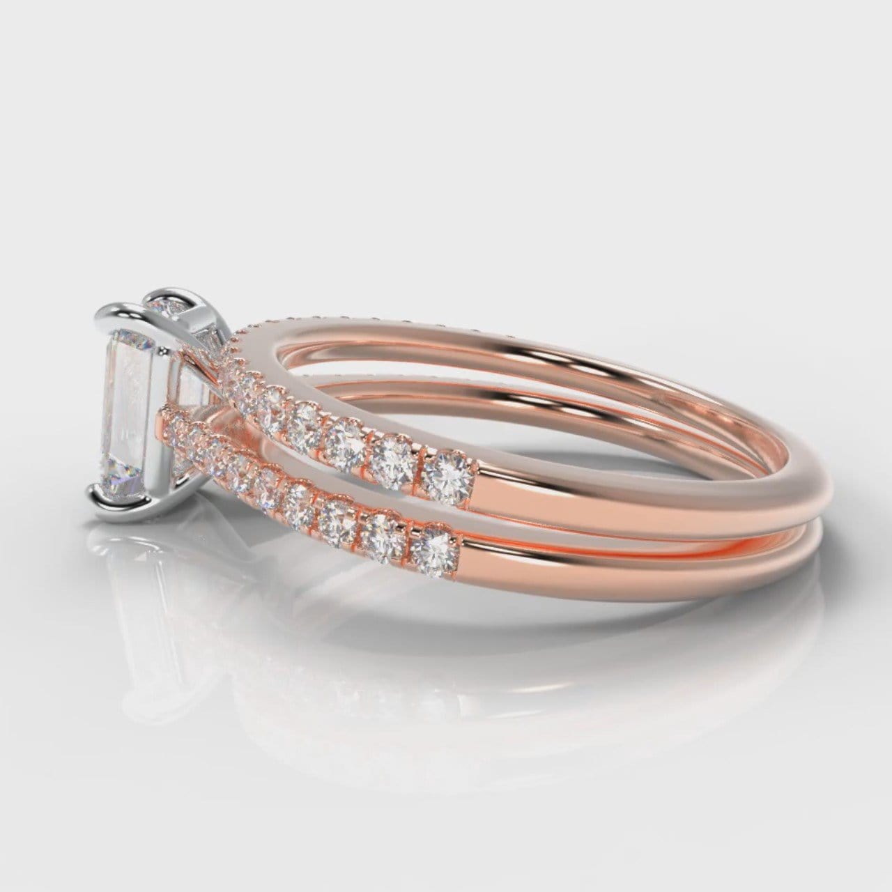 Petite Micropavé Emerald Cut Diamond Bridal Set - Rose Gold
