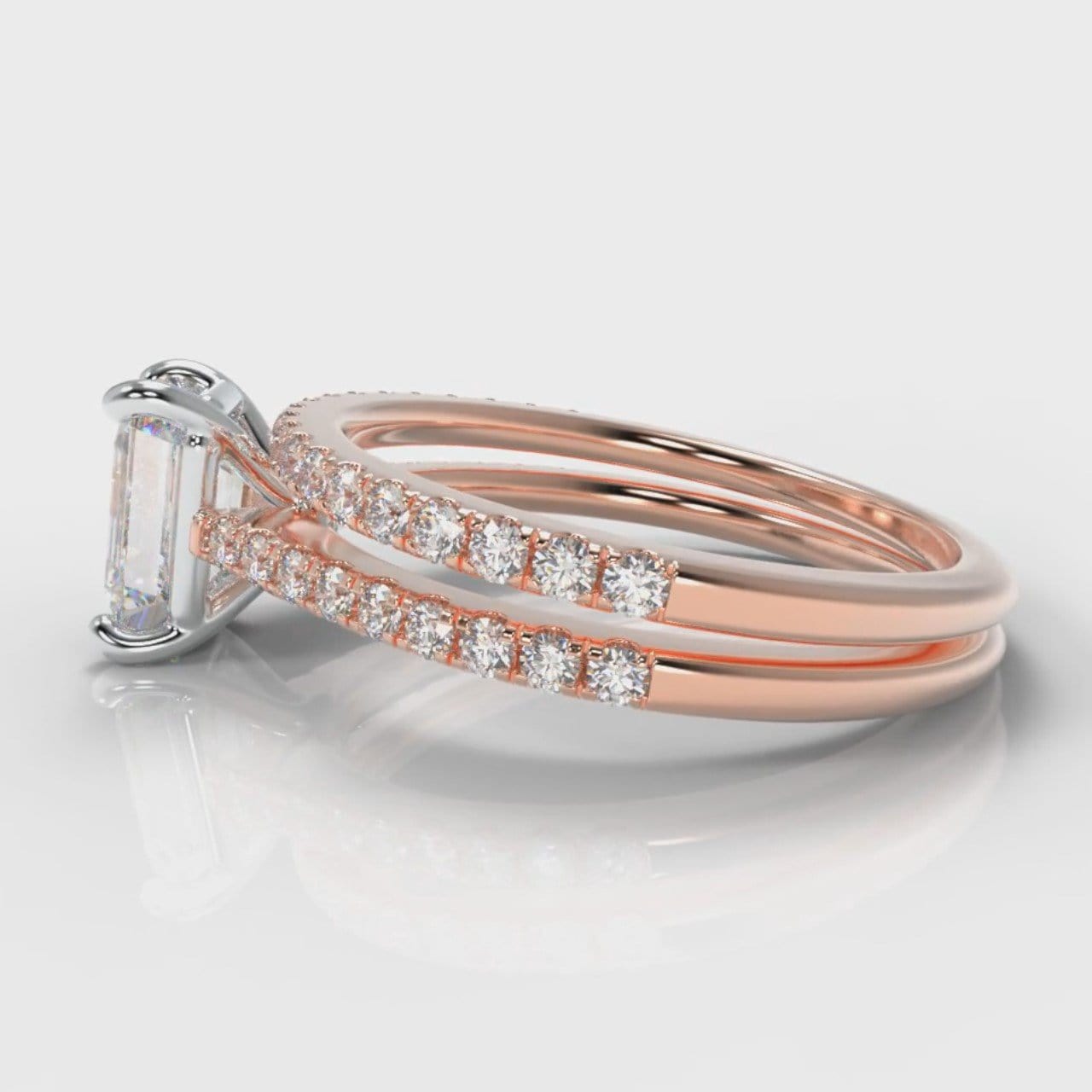 Petite Micropavé Emerald Cut Diamond Bridal Set - Rose Gold