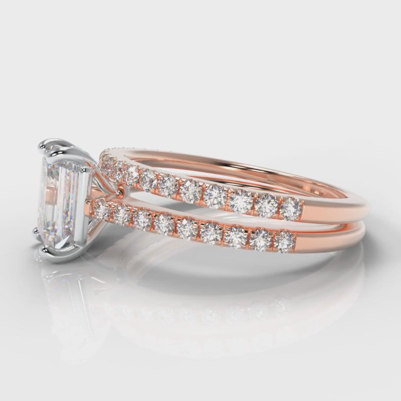 Petite Micropavé Emerald Cut Diamond Bridal Set - Rose Gold