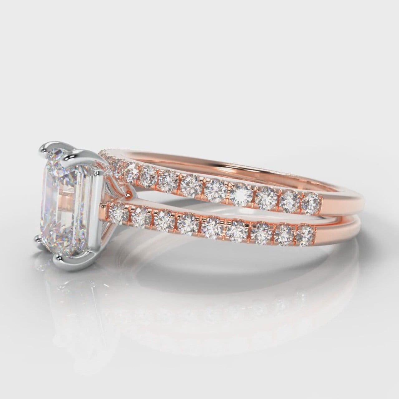 Petite Micropavé Emerald Cut Diamond Bridal Set - Rose Gold