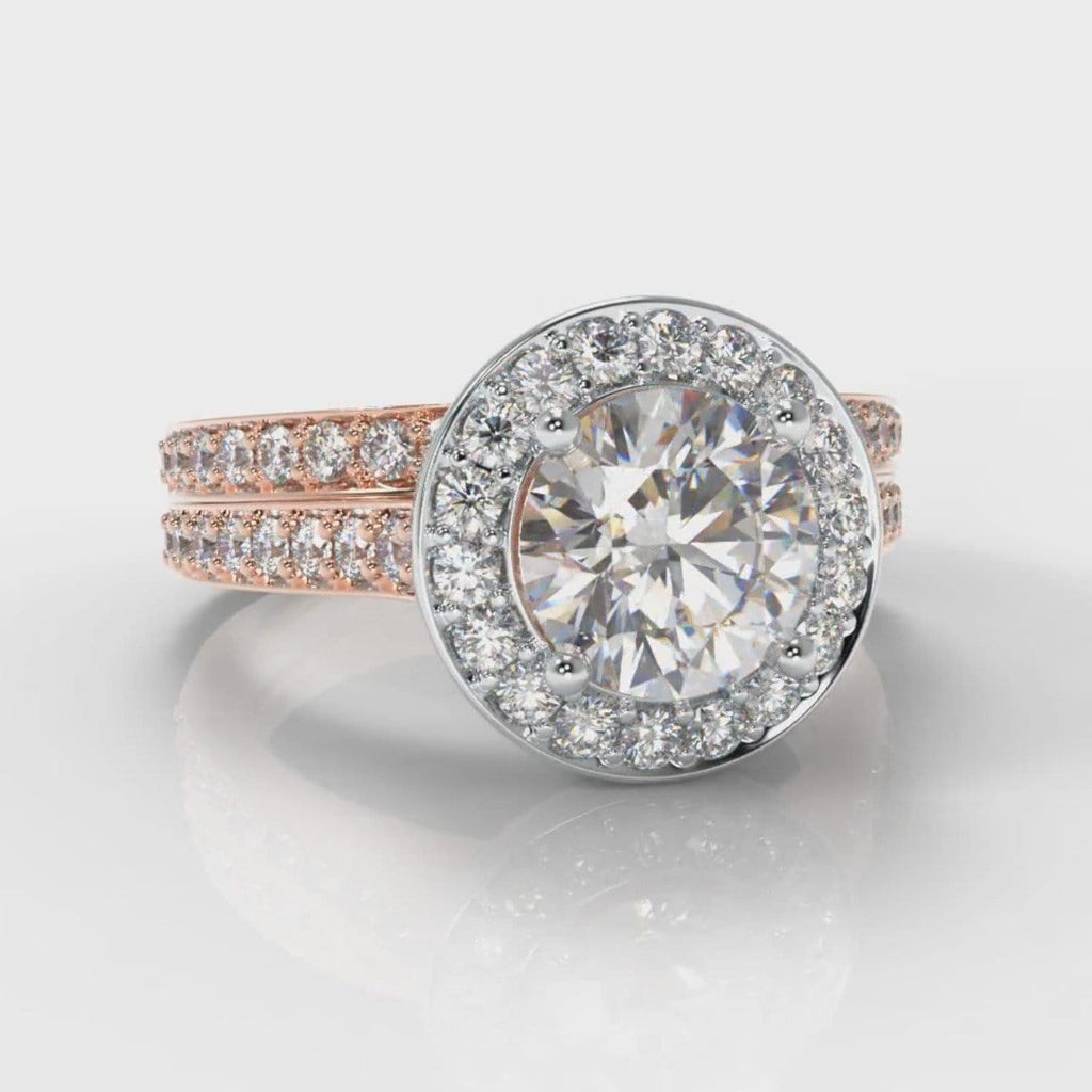 Pavé Round Brilliant Diamond Halo Bridal Set - Two Tone Rose Gold