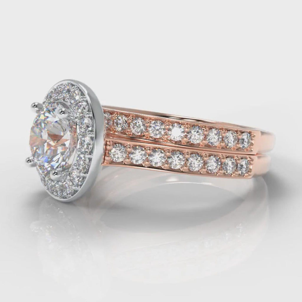Pavé Round Brilliant Diamond Halo Bridal Set - Two Tone Rose Gold