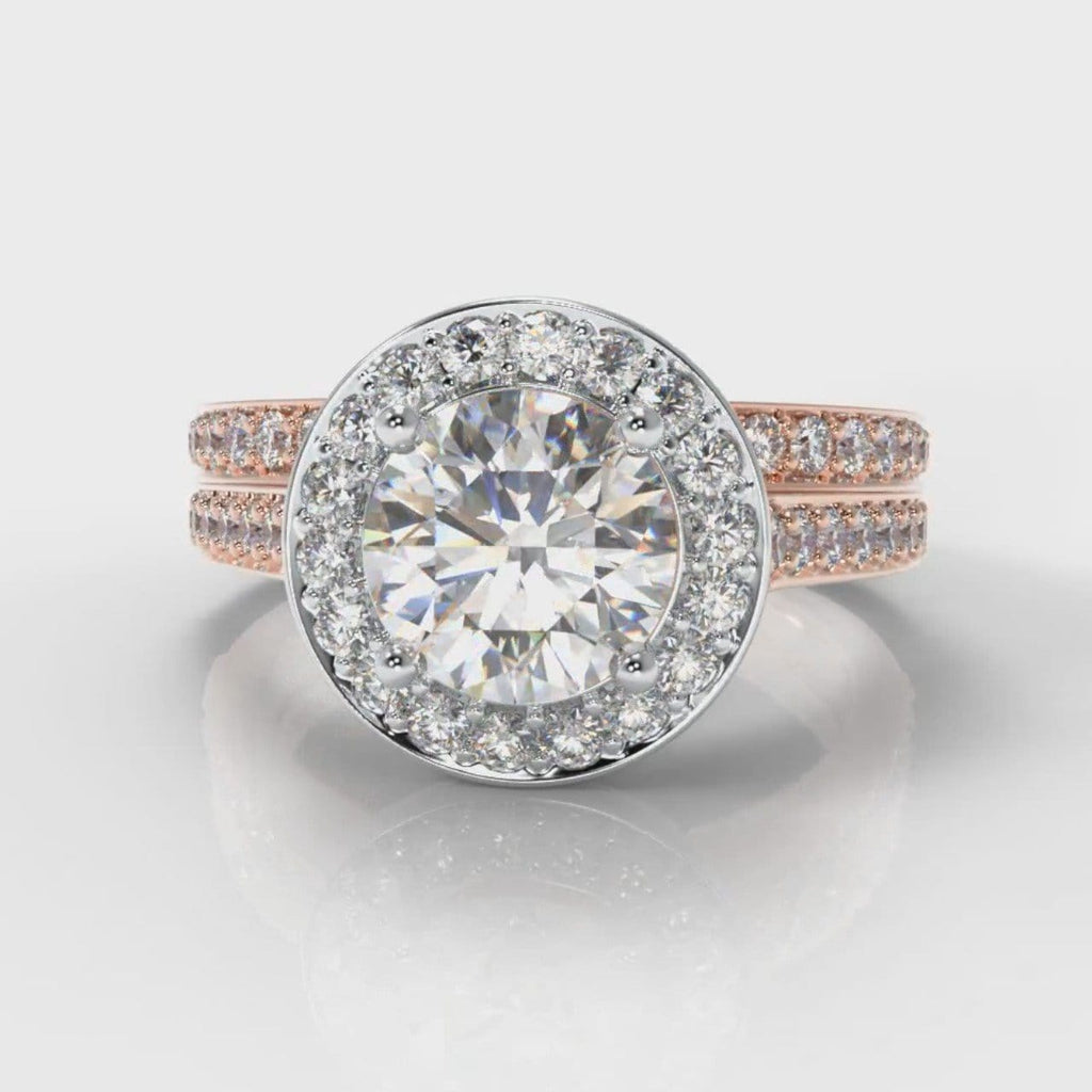 Pavé Round Brilliant Diamond Halo Bridal Set - Two Tone Rose Gold