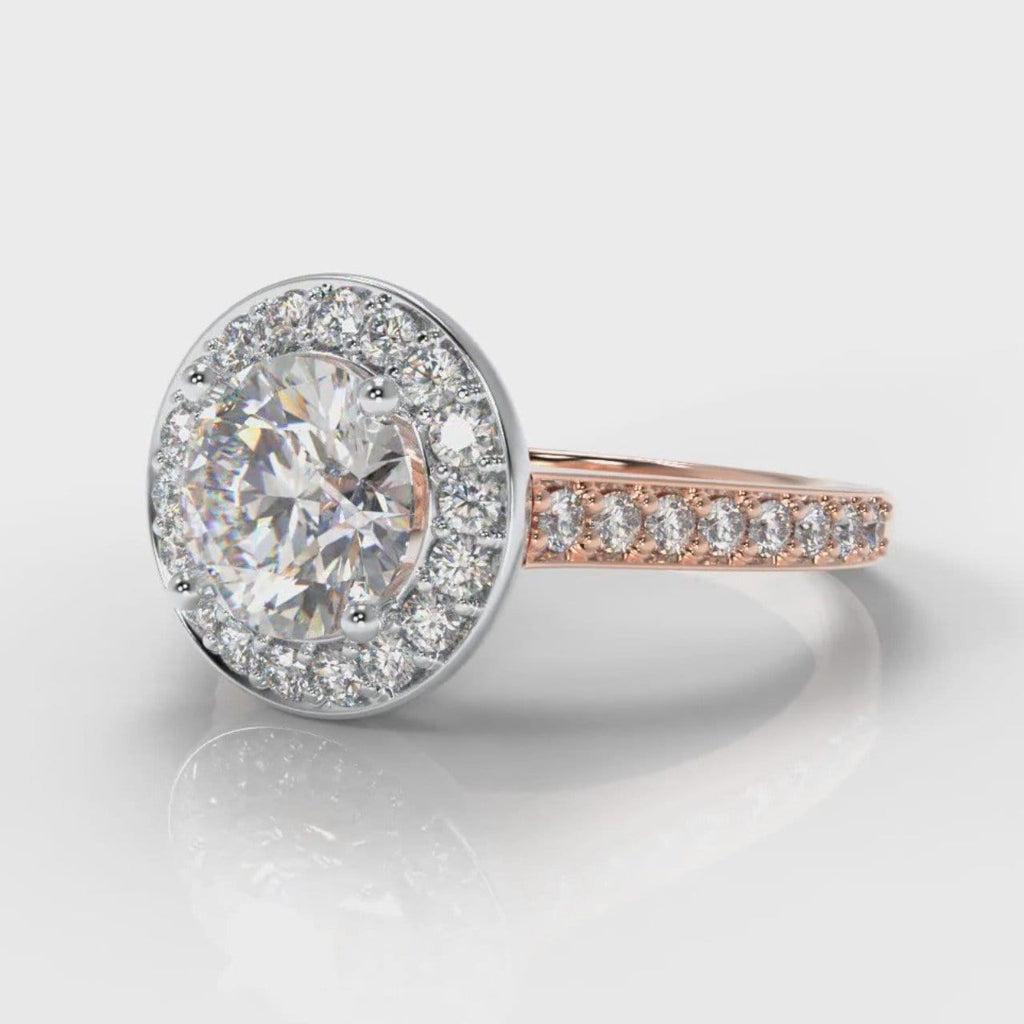 Pavé Round Brilliant Diamond Halo Engagement Ring - Two Tone Rose Gold