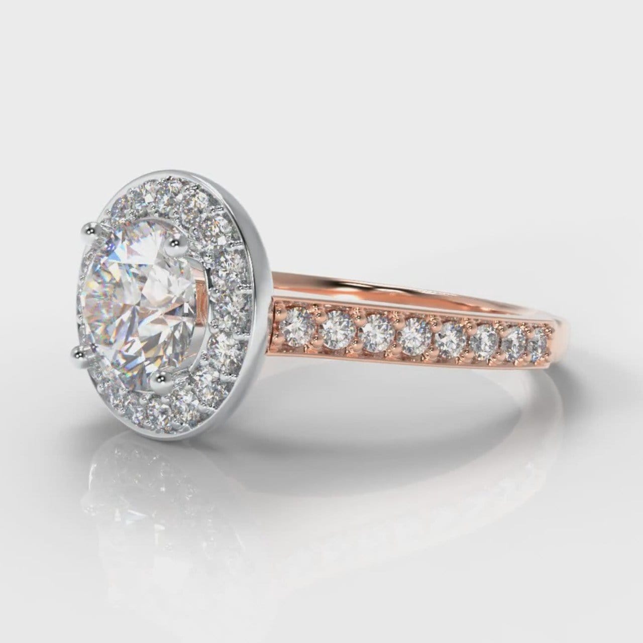 Pavé Round Brilliant Diamond Halo Engagement Ring - Two Tone Rose Gold