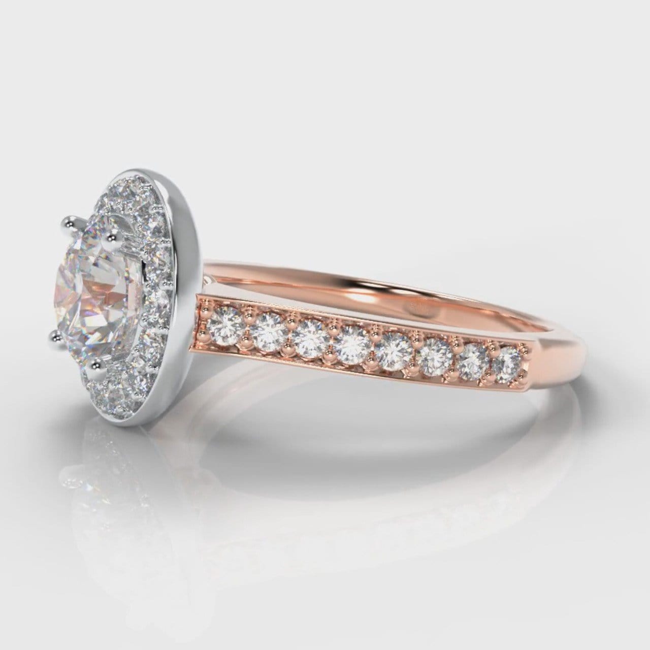 Pavé Round Brilliant Diamond Halo Engagement Ring - Two Tone Rose Gold