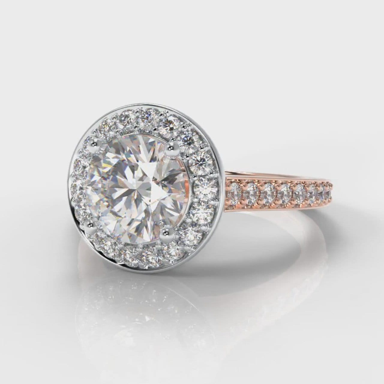 Pavé Round Brilliant Diamond Halo Engagement Ring - Two Tone Rose Gold