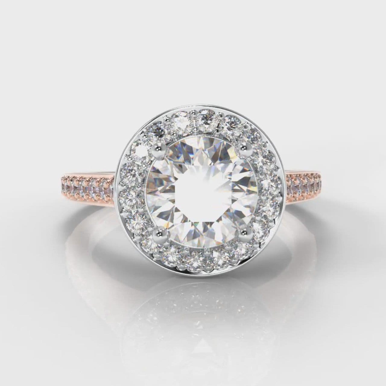Pavé Round Brilliant Diamond Halo Engagement Ring - Two Tone Rose Gold