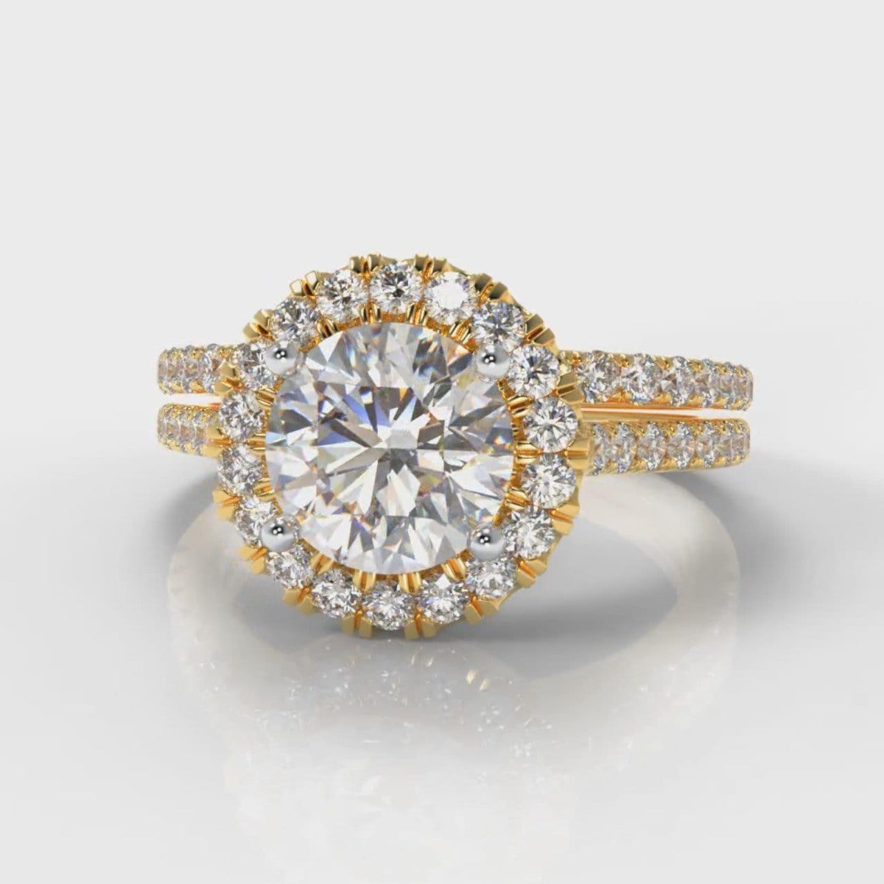 Petite Micropavé Round Brilliant Cut Diamond Halo Bridal Set - Yellow Gold