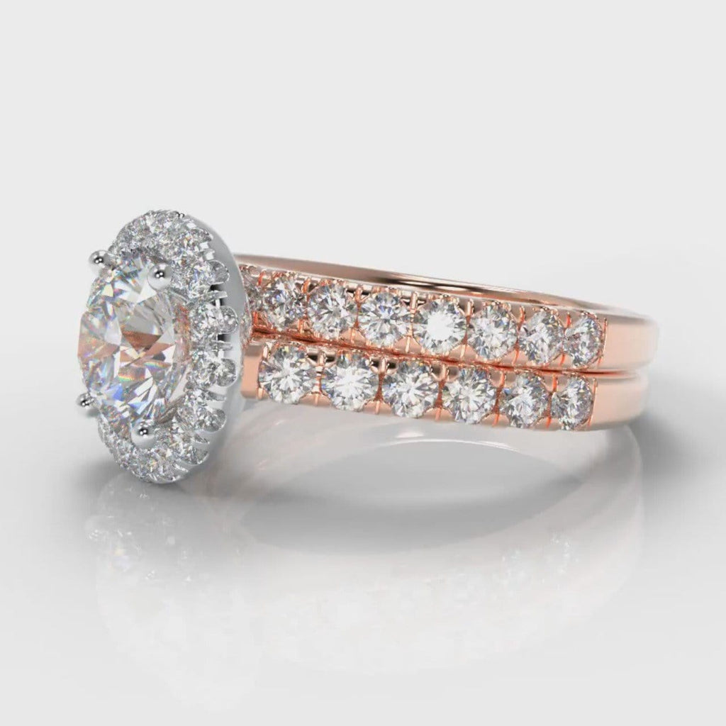 Micropavé Round Brilliant Cut Diamond Halo Bridal Set - Two Tone Rose Gold