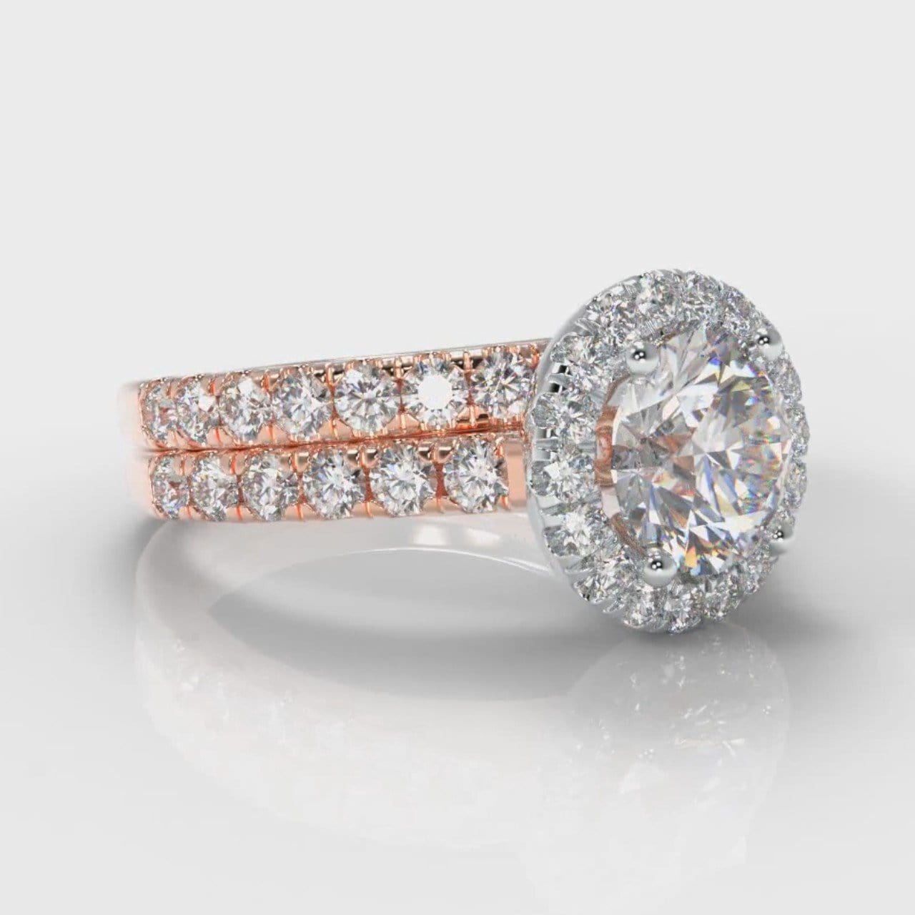 Micropavé Round Brilliant Cut Diamond Halo Bridal Set - Two Tone Rose Gold