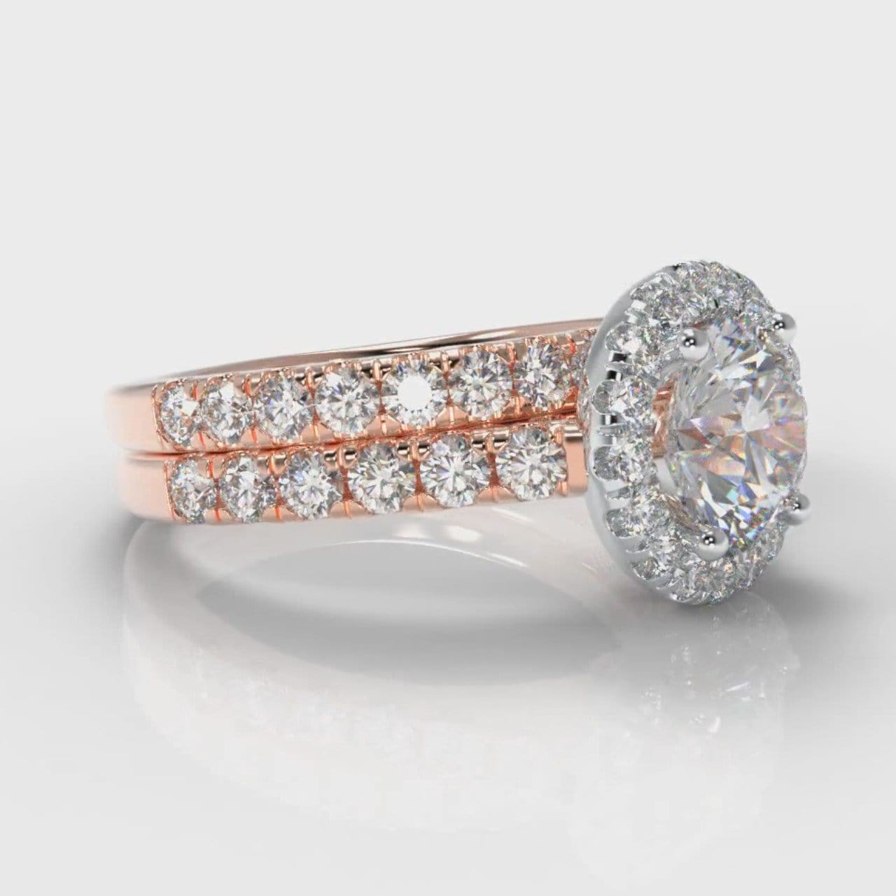 Micropavé Round Brilliant Cut Diamond Halo Bridal Set - Two Tone Rose Gold