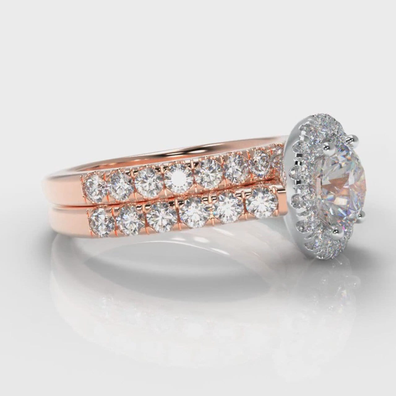 Micropavé Round Brilliant Cut Diamond Halo Bridal Set - Two Tone Rose Gold
