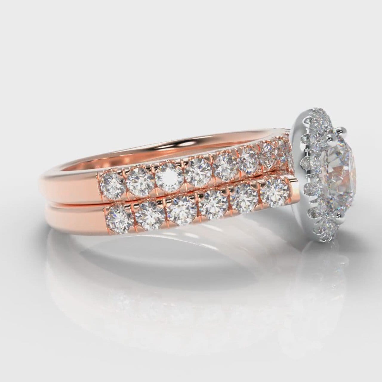 Micropavé Round Brilliant Cut Diamond Halo Bridal Set - Two Tone Rose Gold