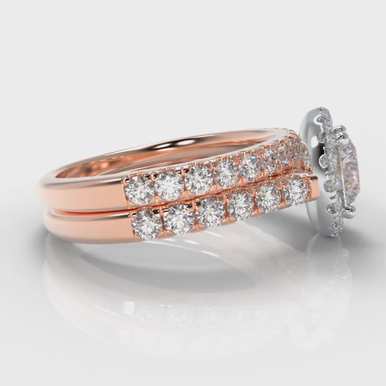 Micropavé Round Brilliant Cut Diamond Halo Bridal Set - Two Tone Rose Gold