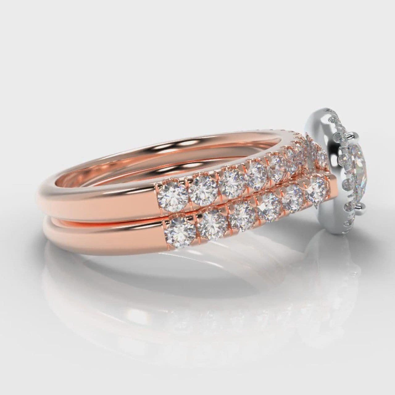 Micropavé Round Brilliant Cut Diamond Halo Bridal Set - Two Tone Rose Gold