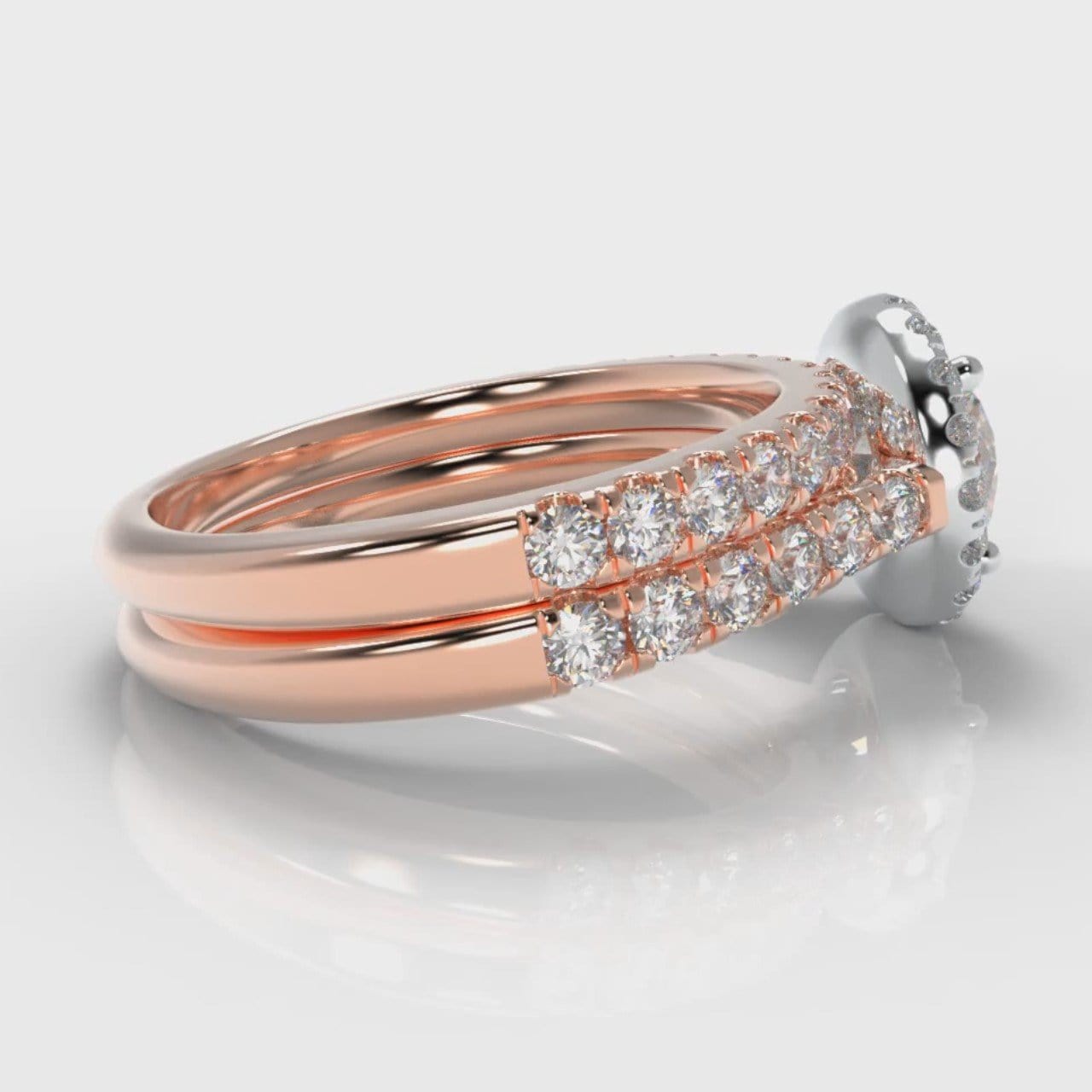 Micropavé Round Brilliant Cut Diamond Halo Bridal Set - Two Tone Rose Gold