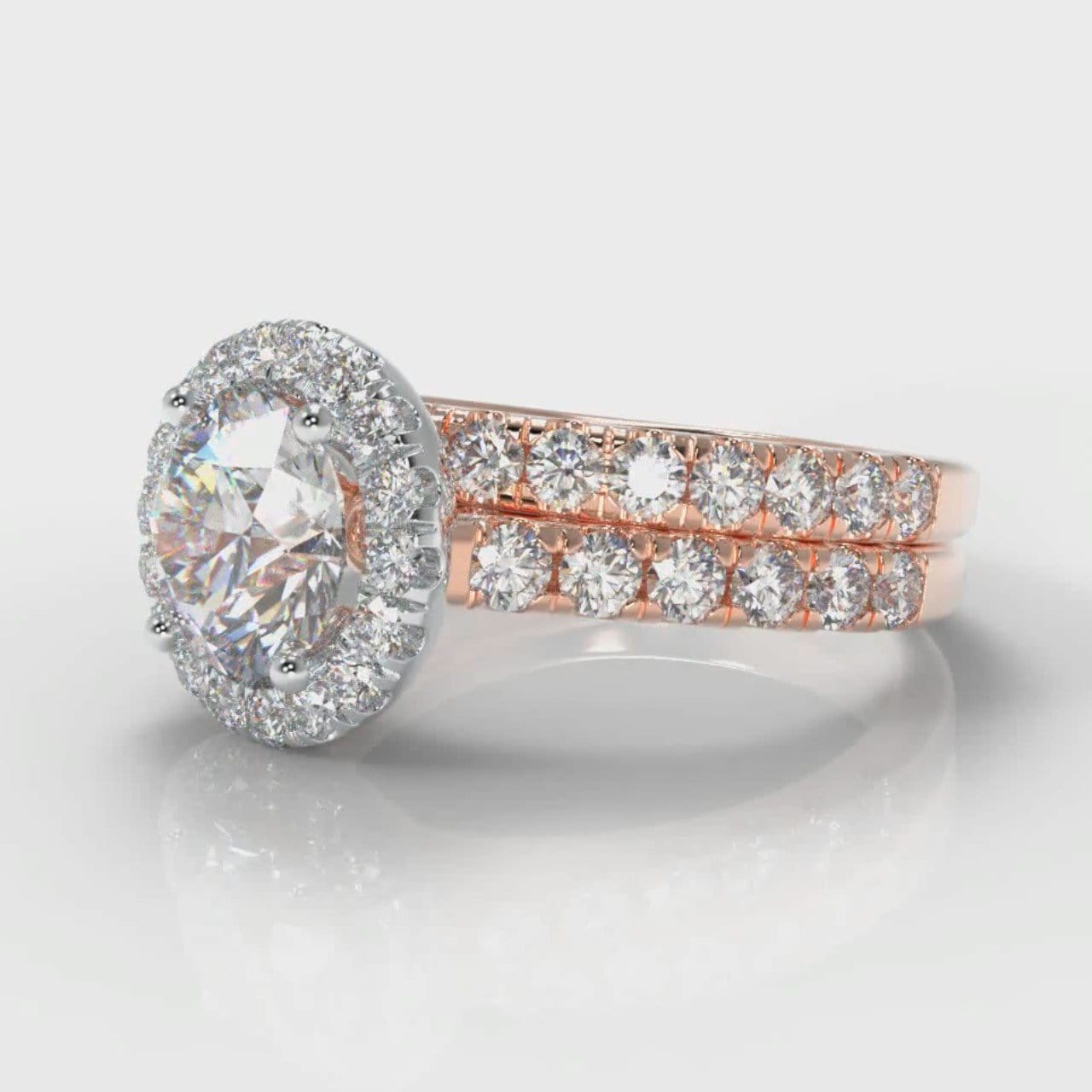 Micropavé Round Brilliant Cut Diamond Halo Bridal Set - Two Tone Rose Gold