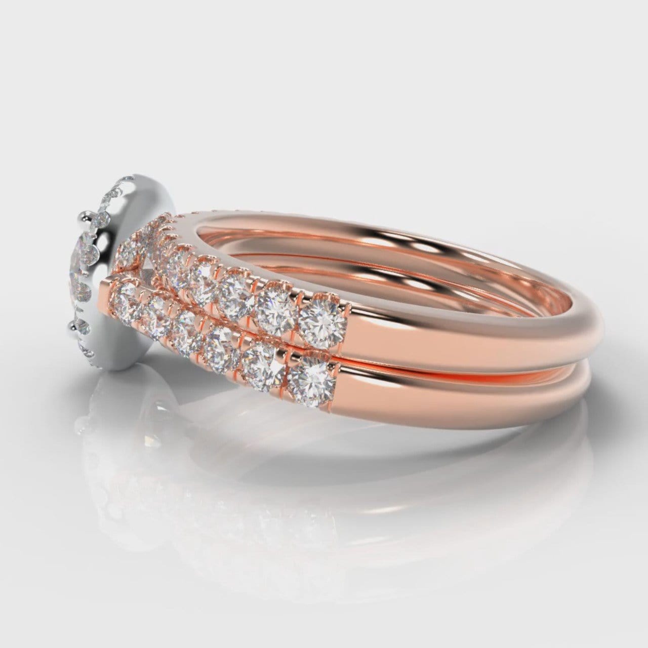 Micropavé Round Brilliant Cut Diamond Halo Bridal Set - Two Tone Rose Gold