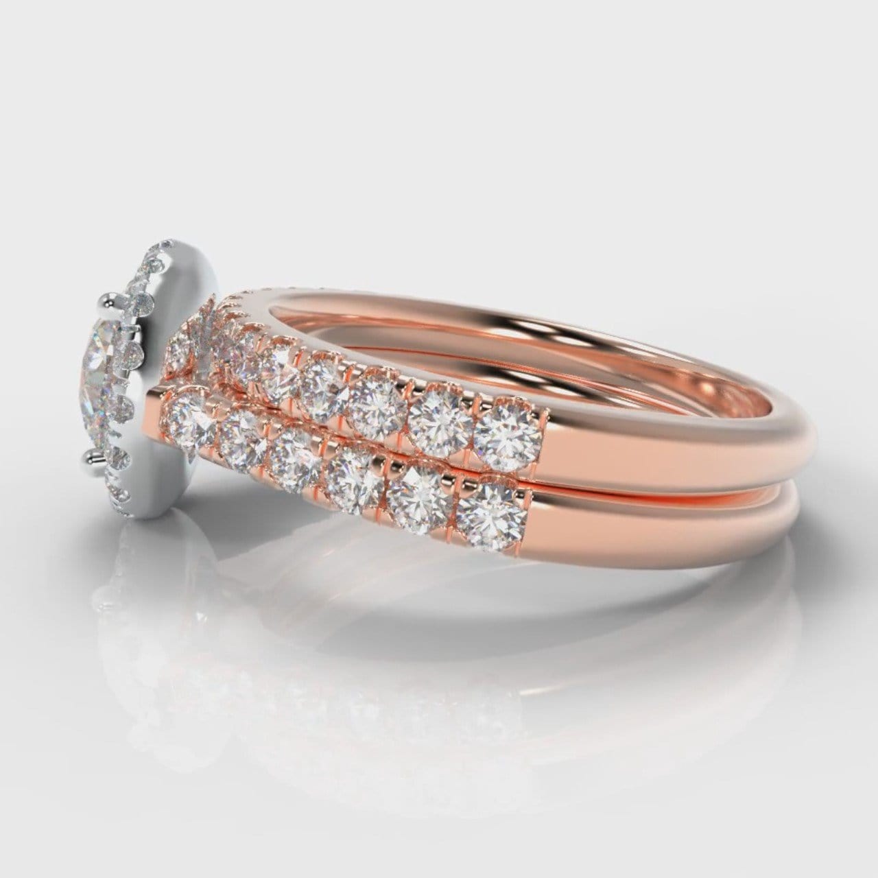 Micropavé Round Brilliant Cut Diamond Halo Bridal Set - Two Tone Rose Gold