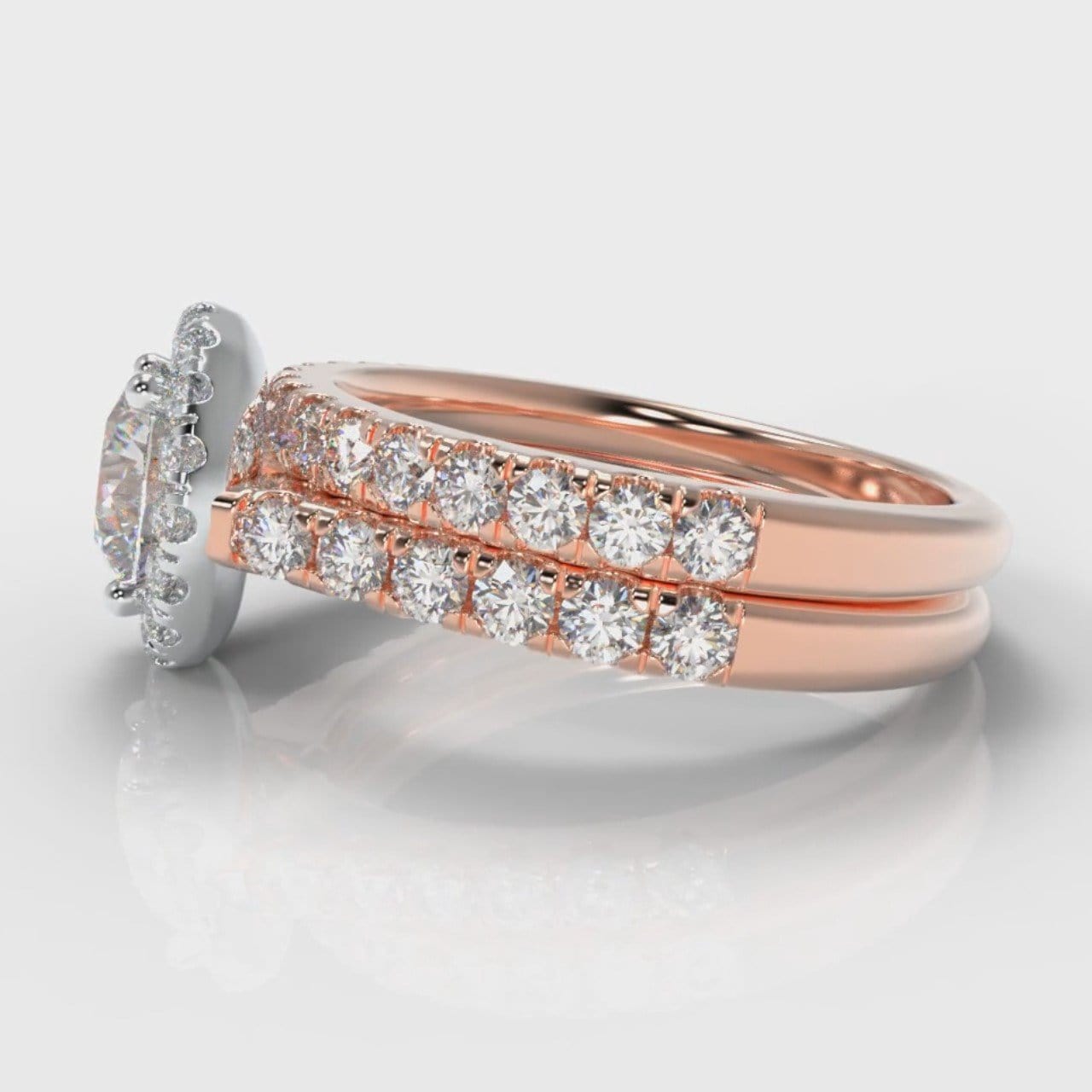 Micropavé Round Brilliant Cut Diamond Halo Bridal Set - Two Tone Rose Gold