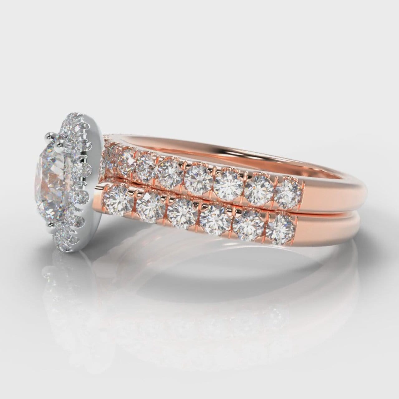 Micropavé Round Brilliant Cut Diamond Halo Bridal Set - Two Tone Rose Gold