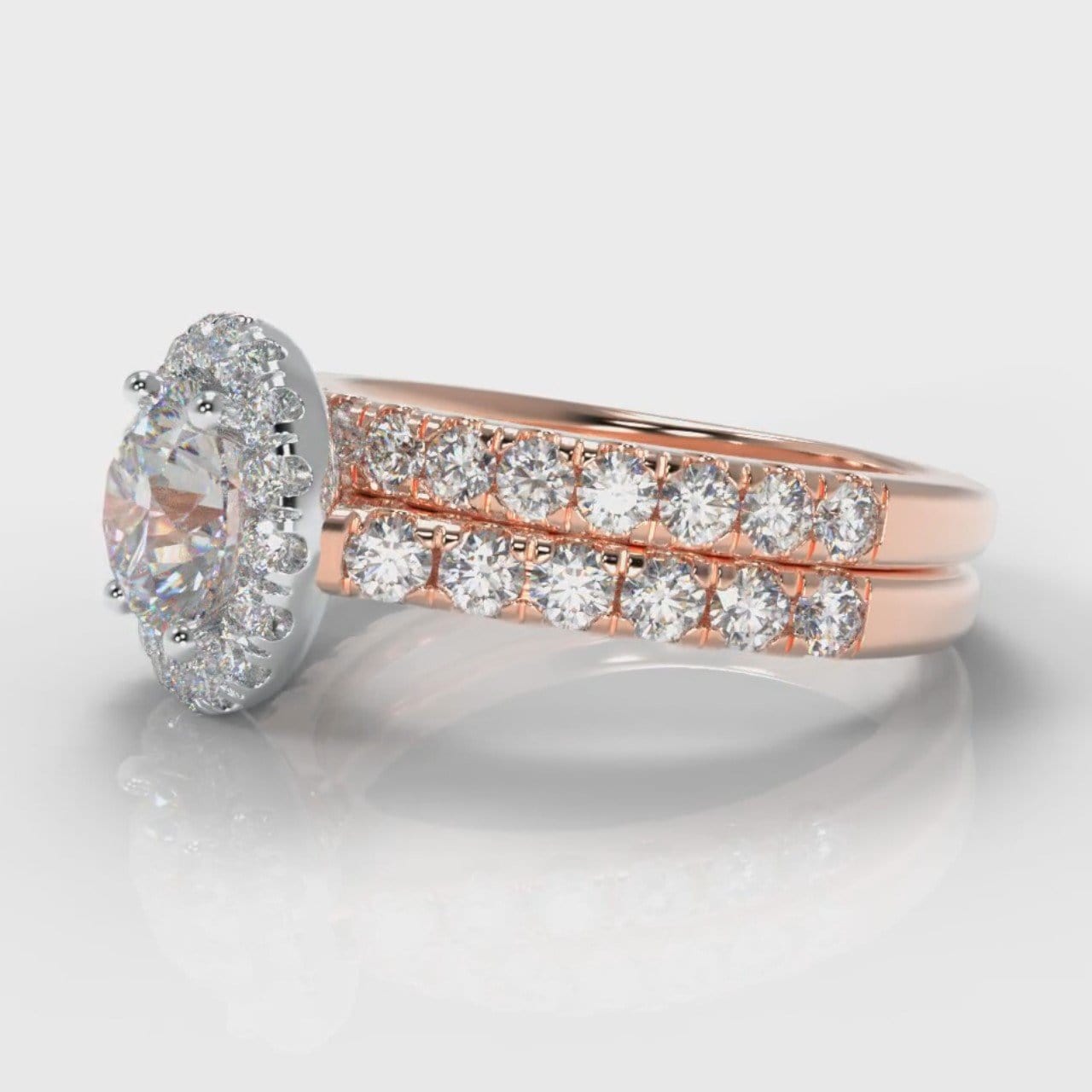 Micropavé Round Brilliant Cut Diamond Halo Bridal Set - Two Tone Rose Gold