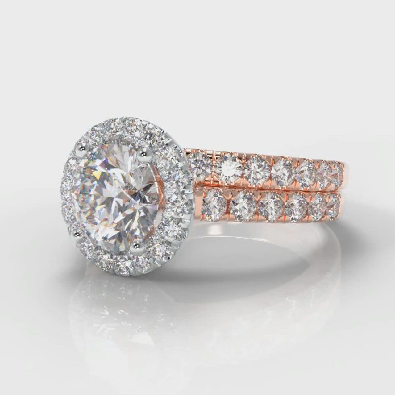 Micropavé Round Brilliant Cut Diamond Halo Bridal Set - Two Tone Rose Gold