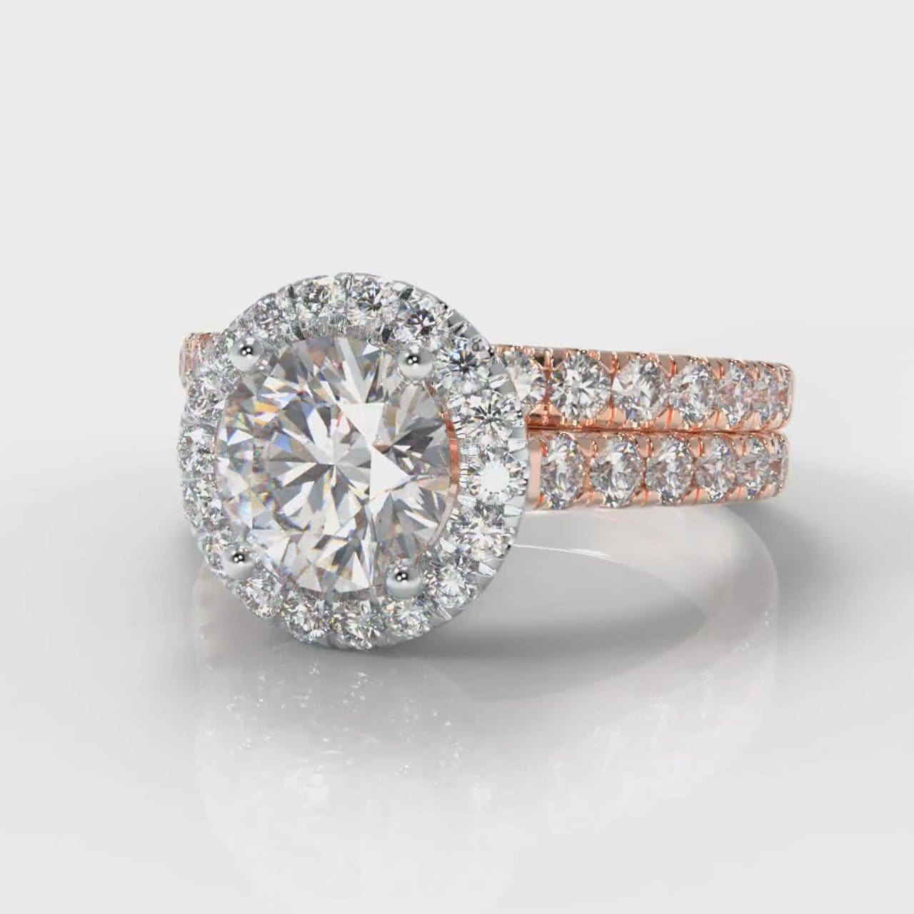 Micropavé Round Brilliant Cut Diamond Halo Bridal Set - Two Tone Rose Gold