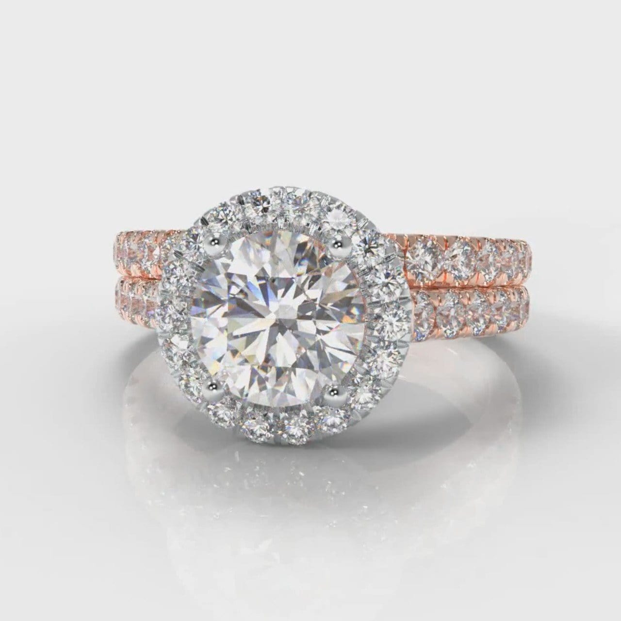 Micropavé Round Brilliant Cut Diamond Halo Bridal Set - Two Tone Rose Gold