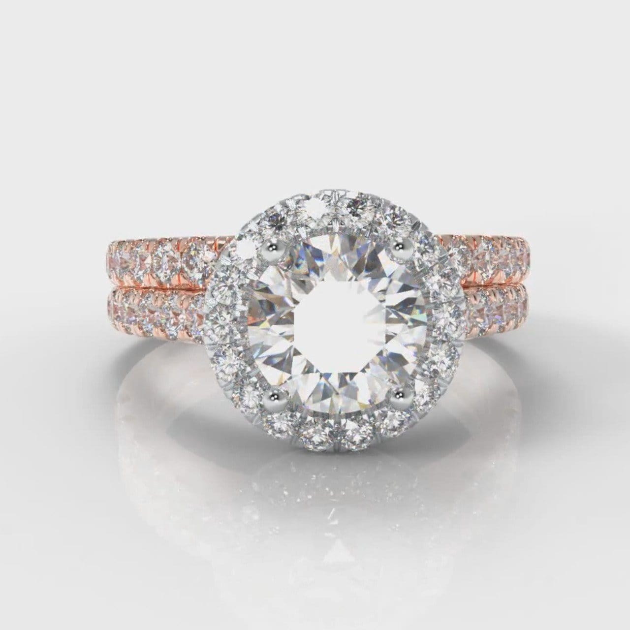 Micropavé Round Brilliant Cut Diamond Halo Bridal Set - Two Tone Rose Gold