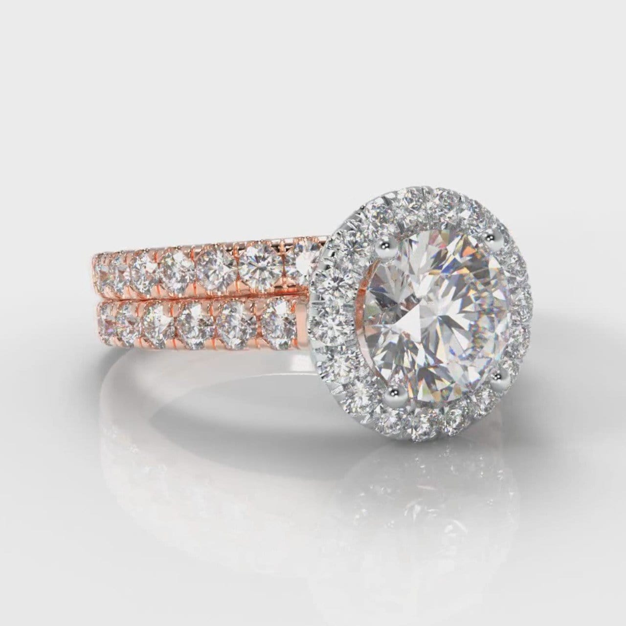 Micropavé Round Brilliant Cut Diamond Halo Bridal Set - Two Tone Rose Gold