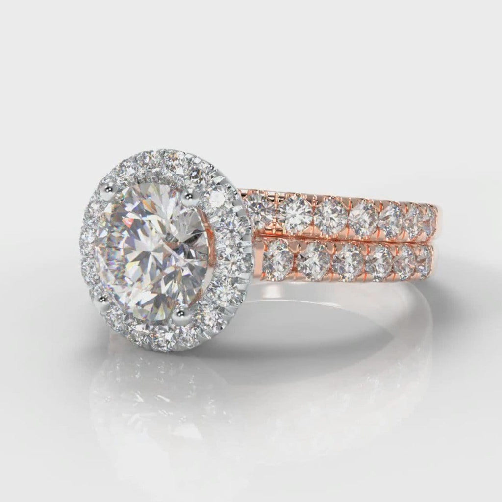 Micropavé Round Brilliant Cut Diamond Halo Bridal Set - Two Tone Rose Gold