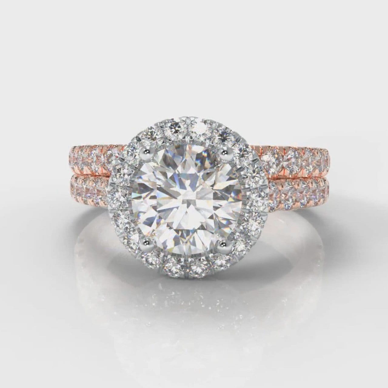 Micropavé Round Brilliant Cut Diamond Halo Bridal Set - Two Tone Rose Gold