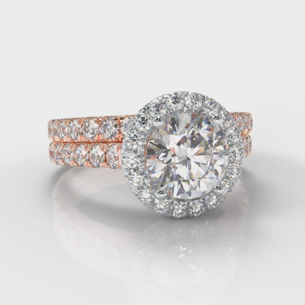 Micropavé Round Brilliant Cut Diamond Halo Bridal Set - Two Tone Rose Gold
