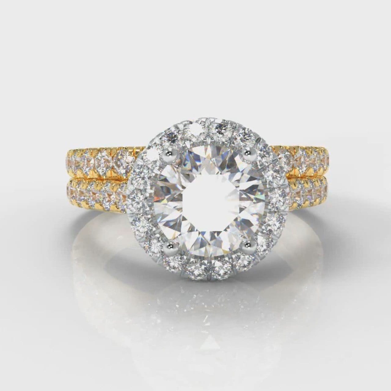 Micropavé Round Brilliant Cut Diamond Halo Bridal Set - Two Tone Yellow Gold
