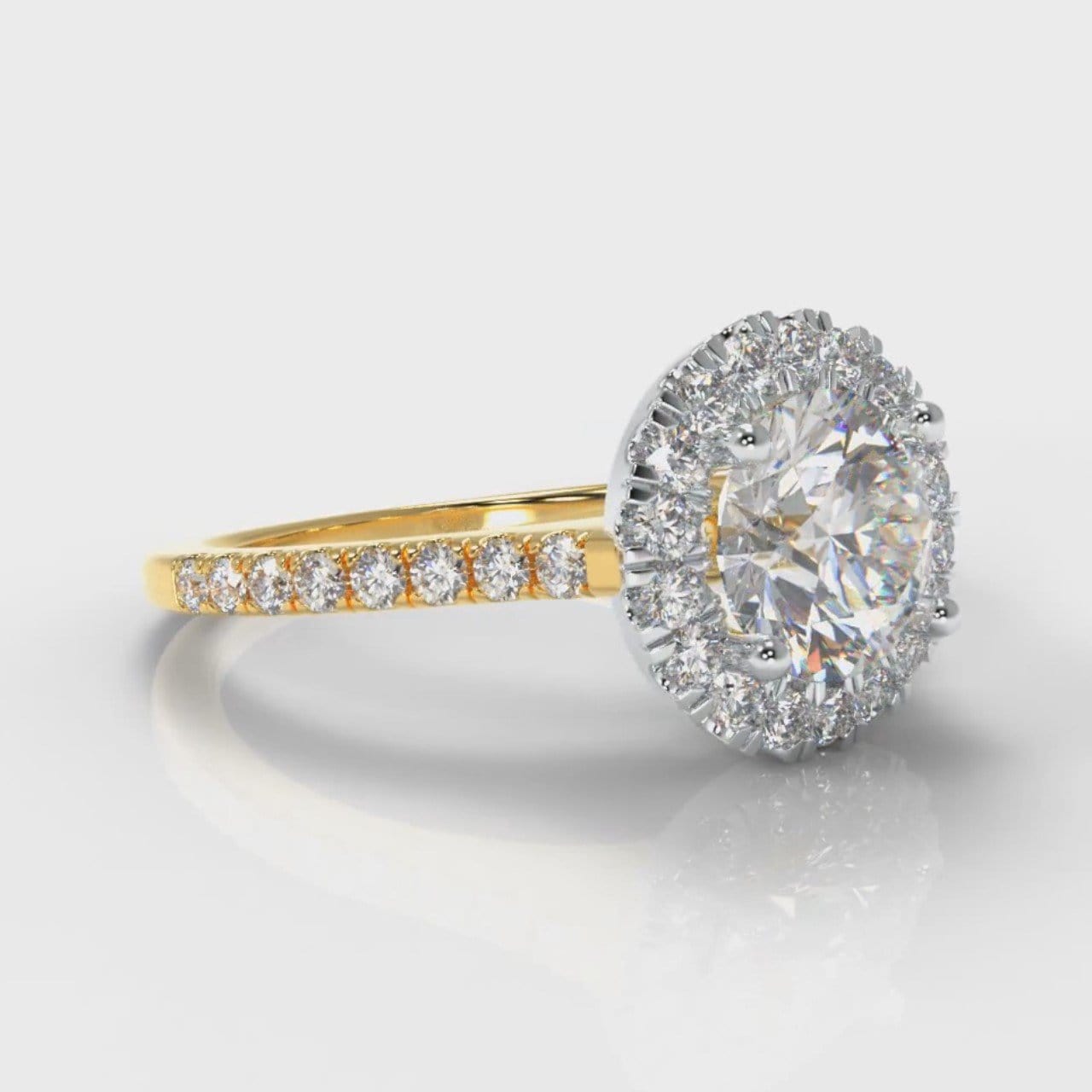 Petite Micropavé Round Brilliant Cut Diamond Halo Engagement Ring - Two Tone Yellow Gold