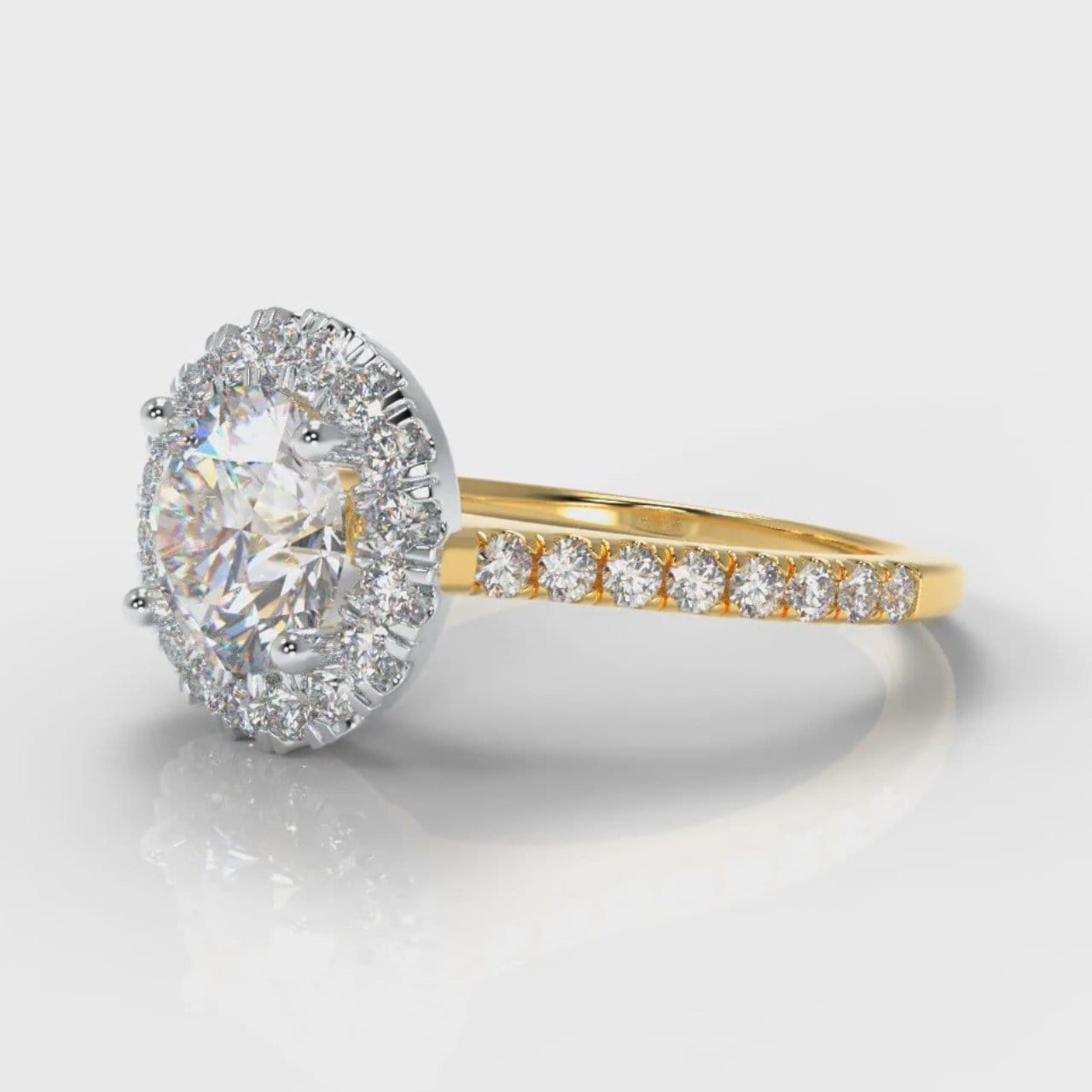Petite Micropavé Round Brilliant Cut Diamond Halo Engagement Ring - Two Tone Yellow Gold