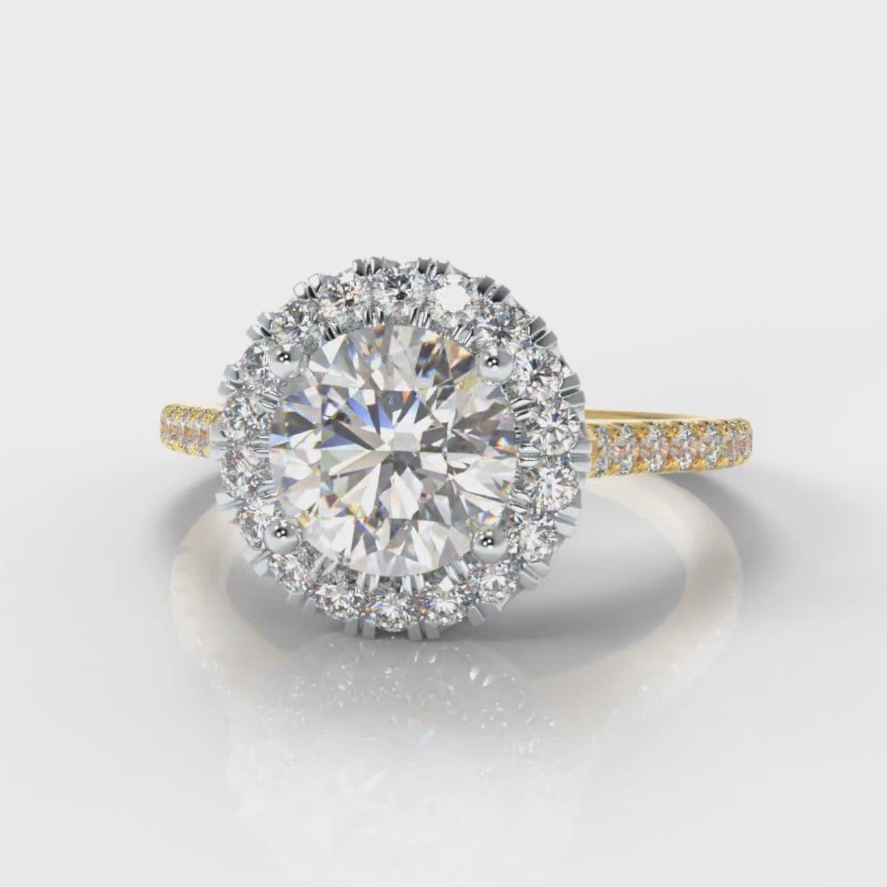Petite Micropavé Round Brilliant Cut Diamond Halo Engagement Ring - Two Tone Yellow Gold